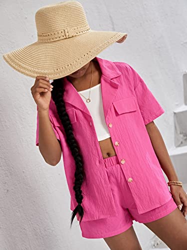 Image of WDIRARA Girl's 3 Pieces Outfit Short Sleeve Button Front Shirt with Camisole and Shorts Set