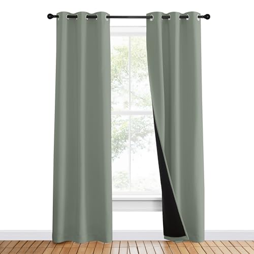 Image of NICETOWN 100% Blackout Window Curtain Panels, Heat and Full Light Blocking Drapes with Black Liner for Nursery, 80 inch Drop Thermal Insulated Draperies (Greyish Green, 2 Pieces, 37 inch Wide Each Panel)