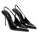 Women's Slingback Stiletto High Heels Pointed Toe Slip On Pumps Shoes Patent Leather Stretch Strap Backless Dress Heels Black