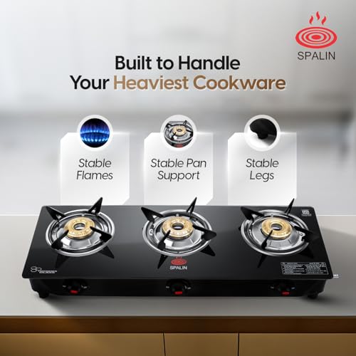 Image of 3 Burner Glass Top Gas Stove | Manual Ignition | Toughened Crystal Glass | High Efficiency Brass Burners | ISI Certified | Durable & Easy Clean Kitchen Gas Stove