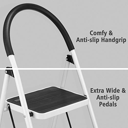 KingSo 3 Step Ladder Folding Step Stool with Steel Wide Anti-Slip Pedal and Handgrip Anti-Slip, Lightweight 350lbs Portable Steel Step Stool, (350lbs Capacity)