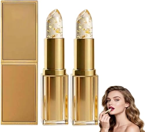 Lápiz Labial con Cambio de Temperatura,Labial de Larga Duración 24 horas,Bálsamo Labial Transparente Dorado, Labial con PH Adaptable,Bálsamo Labial que cambia de Color con la Temperatura (2PC)