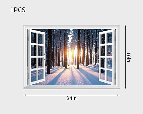FLFK Fake Window Wall Sticker - Forest Snow Faux Window Wall Mural for Wall Decor, Stick and Peel Wall Decals,24"x16"