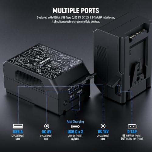Image of NEEWER Smart Mini V Mount Battery NEEWER APP Control, 6800mAh 99Wh 14.5V with 100W PD Fast Charging, OLED, Dual USB C /D Tap /BP /USB A /Dual DC Ports, Compatible with BMPCC 4k 6k Camcorder Camera, PS099S