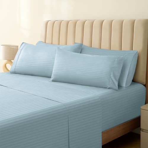 Image of LuxClub 5 PC Split King Size Sheet Set Bed Sheets, Breathable Luxury Sheets, Deep Pockets 18 inch Wrinkle Free Cooling Sheets Machine Washable Hotel Bedding (Split King, Striped Light Blue)