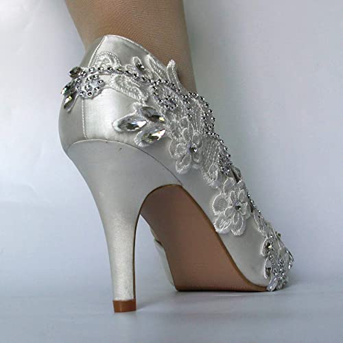 Handmade satin high heel shoes Lace shoes for woman Wedding shoes Bride High heels Open toe pearl Pumps fashion shoes Bride dress shoe Large4