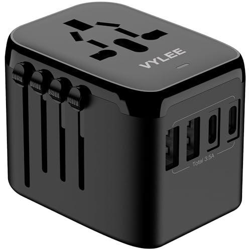 Image of Universal Travel Adapter, VYLEE 5 in 1 International Power Adapter, 3.5A 2xUSB-A and 2xUSB C Wall Charger, Worldwide Travel Essentials Plug for Europe USA UK AUS Asia (Black)