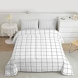 Picture of Feelyou White Boho Farmhouse Grid Plaid Minimalist Comforter Set King Size Kids Black Line Simple Modern Bedding Set for Boys Teens Rustic Cottagecore Aesthetic Bohemian Chic Duvet Set Room Decor