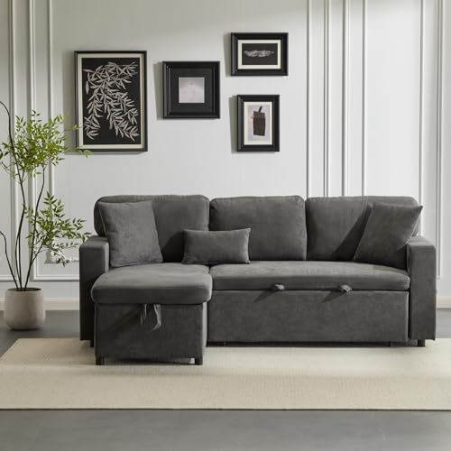 Moimhear Sofá cama esquinero en forma de L, extensible, cajón y estante integrado (gris)