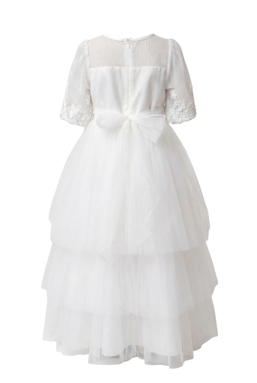 Abito da Prima Comunione Avorio per Bambina con Maniche in Pizzo e Gonna a Balze in Tulle Floreale, età 2-10 Anni