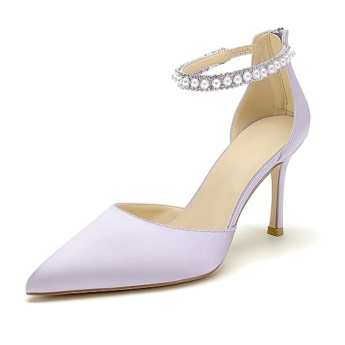 Hyinlays Women's High Heels Pearls Satin Closed Toe Stiletto Ankle Strap Pointed Toe Prom Evening Wedding Party Dress Pumps Shoes