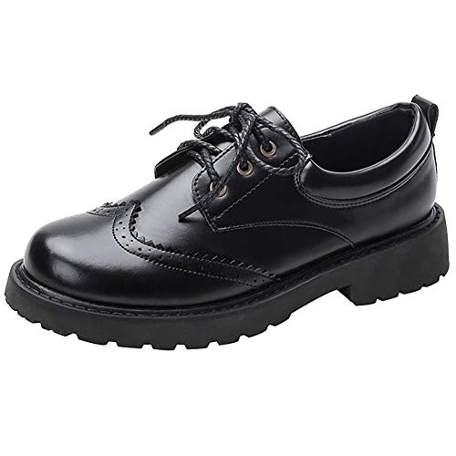 Odema sapato feminino clássico perfurado Wingtip Oxford vintage com cadarço e bico redondo, Preto, 9