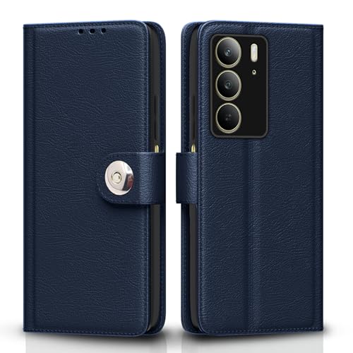 Image of Pikkme Flip Cover Leather Finish | Inside TPU with Card Pockets | Wallet Stand and Shock Proof | Complete Protection Button Flip Case for Realme C75(Blue)