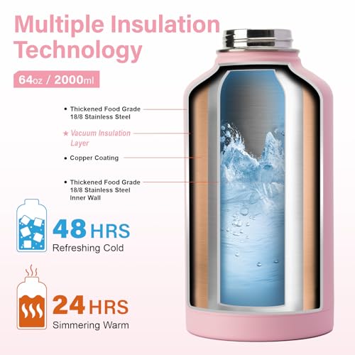 Image of DYSANKY Insulated Water Bottle 64oz with Carrier Bag and Paracord Handle Black and Pink