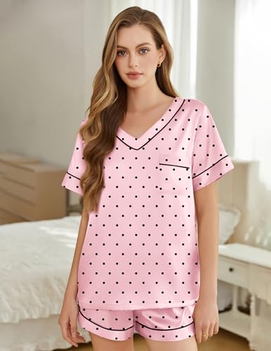 Image of Silk Pajamas for Women Short Sleeve Satin 2 Piece Pj Set Soft V Neck Sleepwear Loungewear, S-XXL