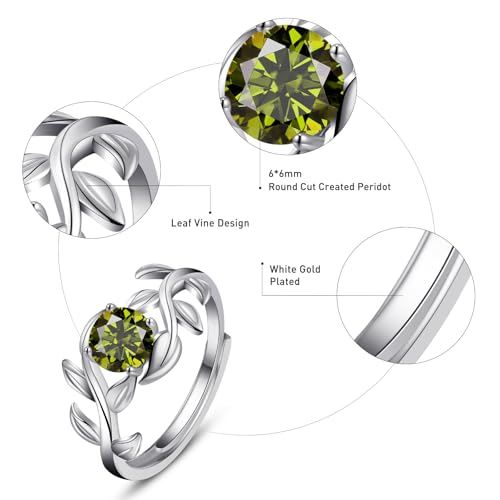 0.8CT Adjustable Women Leaf Ring, 12-Month Birthstone Rings for Women 6mm Round-Cut Simulated Gemstone Statement Engagement Stackable Ring, White Gold, Open Size 5-92