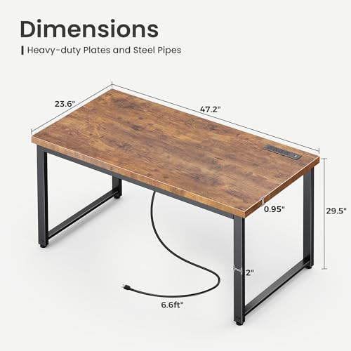 Huuger 48 x 24 inch Desk with Power Outlets & USB-C, Deeper & Thicker Desktop, Robust Metal Tubes, Computer Desk, Heavy Duty Office Desk, Work Gaming Desk for Home Office, Rustic Brown