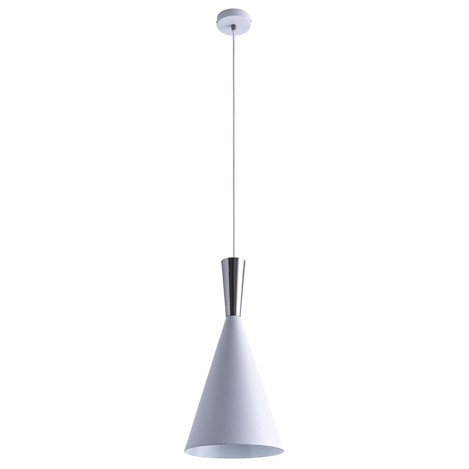 Paco Home Pendelleuchte Küchenlampe Hängend Hängelampe Esszimmer Esstischlampe 1,5m Textilkabel Kürzbar Ø18,5cm E27, Farbe: Weiß/Alu gebürstet, Lampentyp: 1-flammig