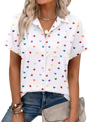 Zeagoo White Collared Shirt Women Button Down Summer Tops Heart P...