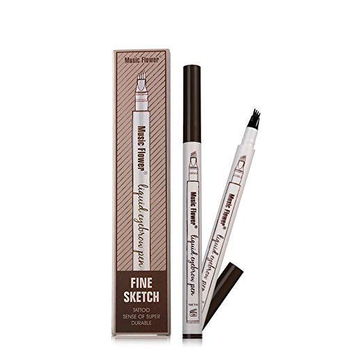 Music Flower Liquid Tattoo Eyebrow Pen With Four Tips Brow Pen, Long-lasting Waterproof Brow Gel for Eyes Makeup Runflory Makeup Gift (Chestnut)