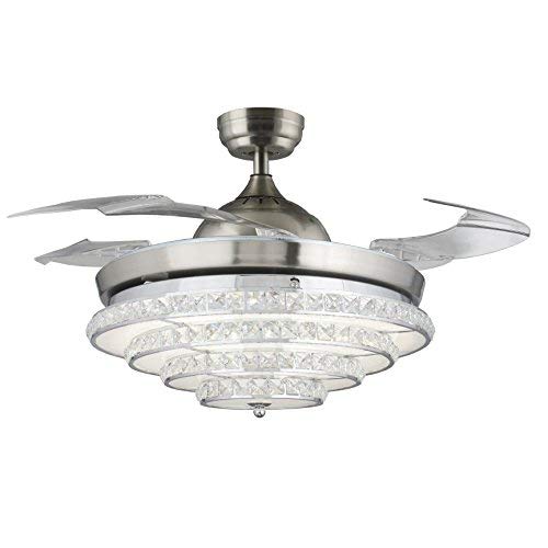 Decomust Dot Com46" Crystal Rings Ceiling Fans 40W LED,with 4 Acrylic Retractable Blades Remote Control, Chrome Finish