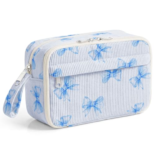 Image of WOBAGMEN Cute Pencil Case,Large Corduroy Zippered Pencil Case Pouch, aesthetic Pencil Bag with Compartments(Blue Bow)