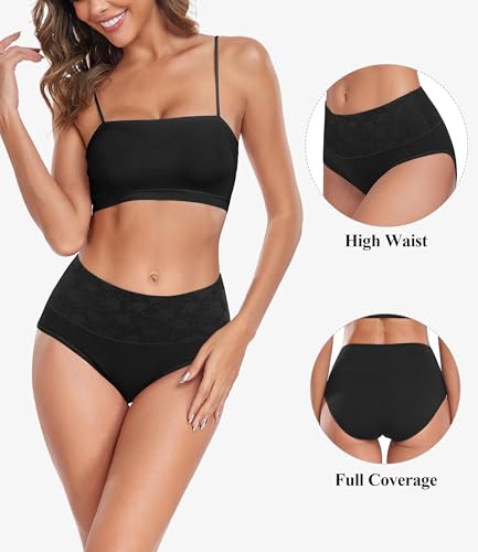 Image of coskefy High Waist Cotton Underwear for Women Full Coverage Panties Floral Print Briefs for Ladies 5 Pack