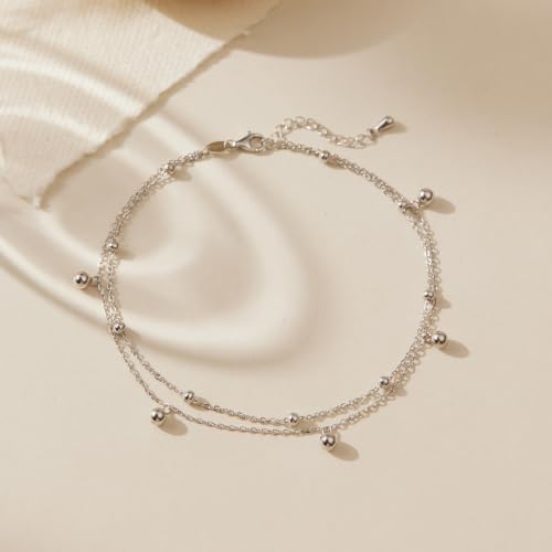 Image of CHIC & ARTSY 925 Sterling Silver Ankle Bracelets for Women, Dainty Adjustable Layered Foot Chains with Symbolic Charms, Boho Beach Everyday Lightweight Jewelry