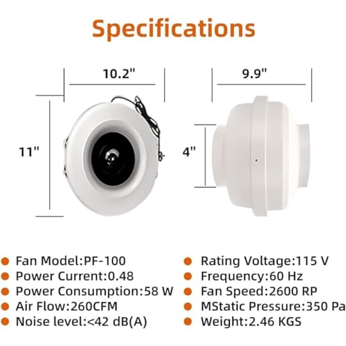 4 inch Radon Fan Installation Kit -Inline Centrifugal Fan with Rubber Couplers (4 inch x 3 inch) and Air Pressure Indicator