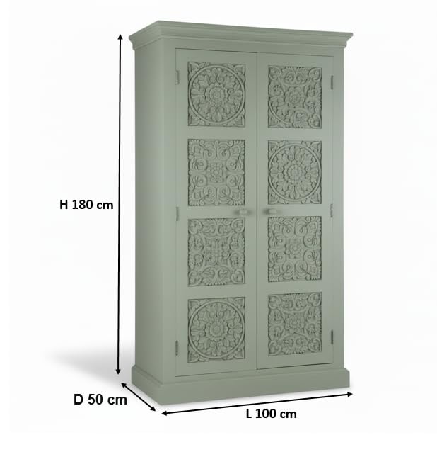 Image of APRODZ Floreale Mango Wood Wardrobe for Bedroom 2-Door Modular Wooden Almirah for Storage /Space Saving Storage Organizer Rack Clothes Cupboard for Bedroom (Sage Green Finish)