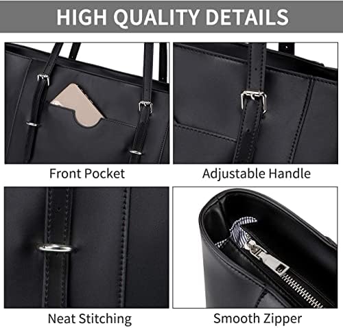 VASCHY Laptop Tote Bag for Women, PU Leather Water Resistant Handbag for Travel, Work, School Teacher Shoulder Bag Fits 15.6 inch Laptop (Black)