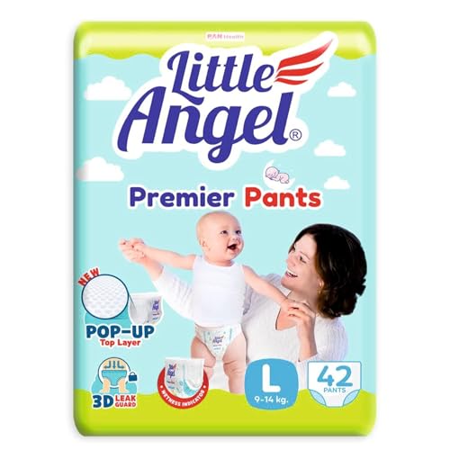 Image of Little Angel Premier Pants Baby Diapers, Large (L) Size, 42 Count, Cottony Soft Material, Breathable, Extra Dry Core, Stretchable Sides, Pack of 1, 9-14 kgs