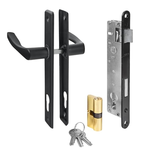 ADGO Juego de picaporte para puerta y cerradura de puerta cilíndrica+cerradura con llave, manija para puerta de garaje, 90 mm, color negro, cilindro de 30/30 mm, kit listo para instalar