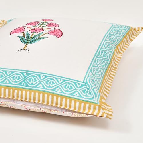 Image of BLOCKS OF INDIA Hand Block Printed Cotton,300 TC Cushion Cover (16 X 16 Inches) (Cushion 4), Multicolor