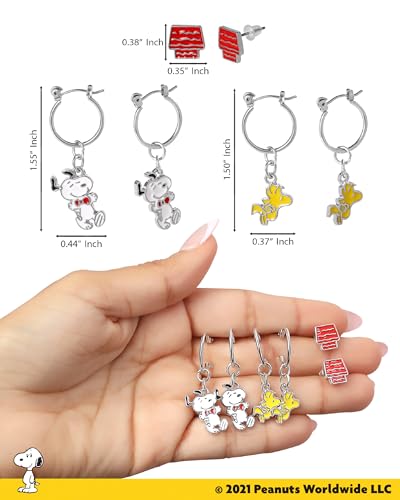 SALLY ROSE Peanuts Woodstock and Snoopy Earrings Pack of 6 Pairs Official License, Enamel-Plated Studs and Hoops with Dangle Charm4