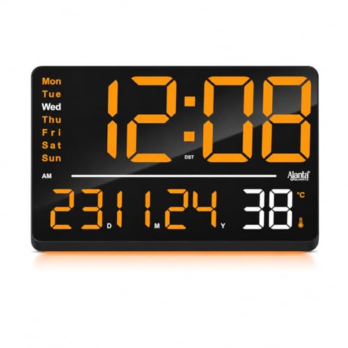 Image of Ajanta Digital Wall Clock with RGB Night Light, Temperature, Calendar and 12 /24H Format (Orange, 33 x 22 cm)