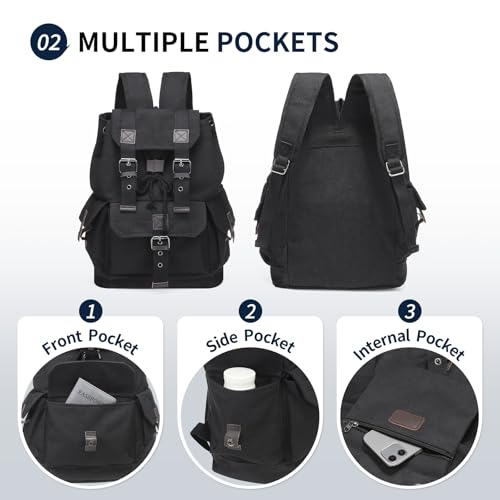 Vintage Canvas Backpack for Men Women, Durable Casual Daypack, Large Capacity Travel Rucksack Fits for Hiking and Daily Use (Black)4