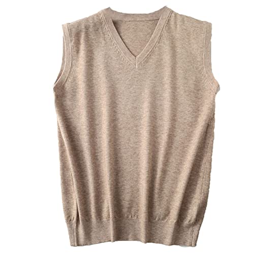 Men's V Neck Sleeveless Sweater Cashmere Wool Blend Relax Fit Pullover Vest Solid Casual Slim Fit Knitted Vest (Camel,Large)