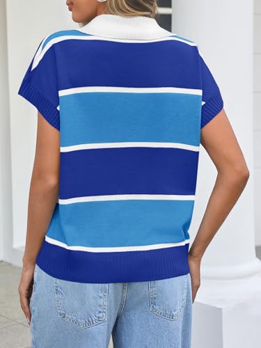 Image of Saodimallsu Women's V Neck Button Down Striped Short Sleeve Knit Sweater