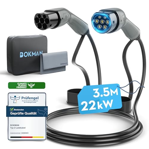 bokman Typ 2 Ladekabel, 22kW / 32A / 3-Phasig / 3,5 Meter/Modus 3, Typ 2 auf Typ 2 EV Ladekabel für Elektroauto mit Tragetasche und Mikrofasertuch
