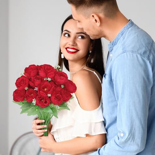 Image of 8 Pack Red Peonies Artificial Flowers, Fake Silk Hydrangea Bouquet for Bridal Wedding Home Table Decor Reusable Dining Opening Ceremony Birthday Arrangement Faux Floral