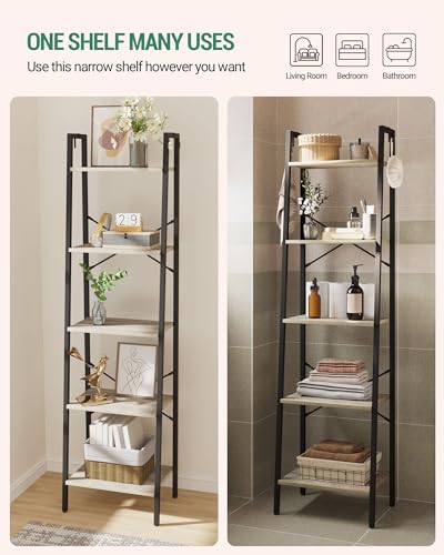 Image of Hzuaneri 5-Tier Ladder Shelf, Bookshelf Bookcase, Freestanding Corner Storage Shelve with 2 Hooks for Home Office, Living Room, Kitchen, Bedroom, Industrial, Greige and Black BC19205B