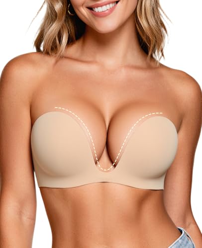 Upushall Strapless Push Up Bras for Women Padded Deep Plunge U Shape Halter Non Slip Seamless Bra Nude,36D