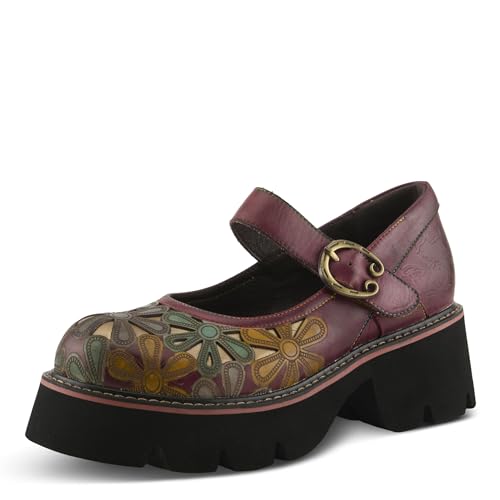 L'Artiste BUSYBEE Hand-Painted Mary Jane – Floral Leather Platform with Chunky Lug Sole