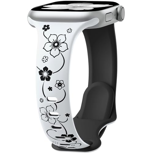 Lerobo Slim Thin Two-Tone Compatible with Apple Watch Band 40mm 38mm 41mm 42mm 44mm 45mm 46mm 49mm for Women- Soft Cute Flower/Heart Engraved Sport Band for iWatch Series 11 10 9 8 7 6 5 4 3
