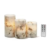 Marble Flameless Candle Set - Real Wax, Flickering LED Light, 3 Inch Diameter Pillar Candles (3x4, 3x5, 3x6), Christmas Decorations or Home Decor, Remote Control, Timer & Batteries Included