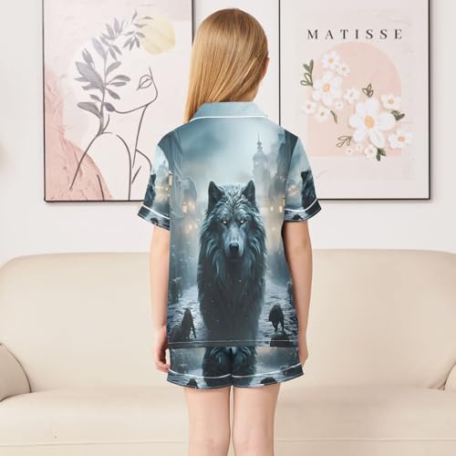 ALAZA Wolf Cityscape Satin Pajamas Set Short Sleeve Button Down Sleepwear Summer Pjs 2 Piece4
