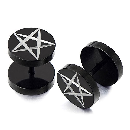COOLSTEELANDBEYOND 12MM Black Stainless Steel Mens Pentagram Stud Earrings, Cheater Fake Ear Plugs Gauges Illusion Tunnel 2 Pcs