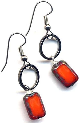 Orange Earrings, Czech glass Earrings, Long Hoop Earrings, Tangerine geometrical Surgical Steel Earrings, Czech Glass Earrings, Stainless Steel Earrings, Jewelry by AnnaArt72