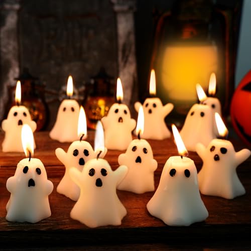 21 PCS Halloween Ghost Candles Spooky Candles White Floating Candles Halloween Decorative Tabletop Candle White Dripless Wax Burning Candles for Halloween Party